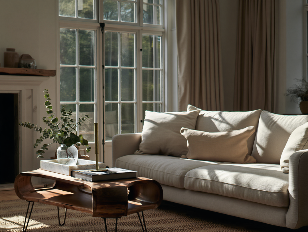 Wohnzimmer mit modernem Couchtisch und stilvollem Teppich von Kadima Design