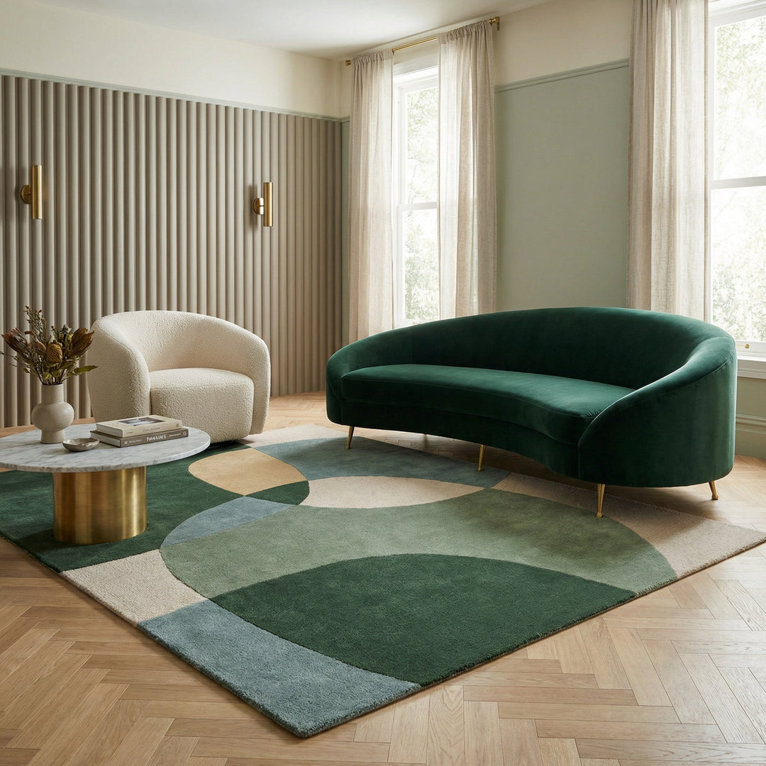 Weicher Hochflorteppich mit abstraktem Muster in Creme, Blau und Terrakotta – harmonische Mischung aus Design und Komfort.