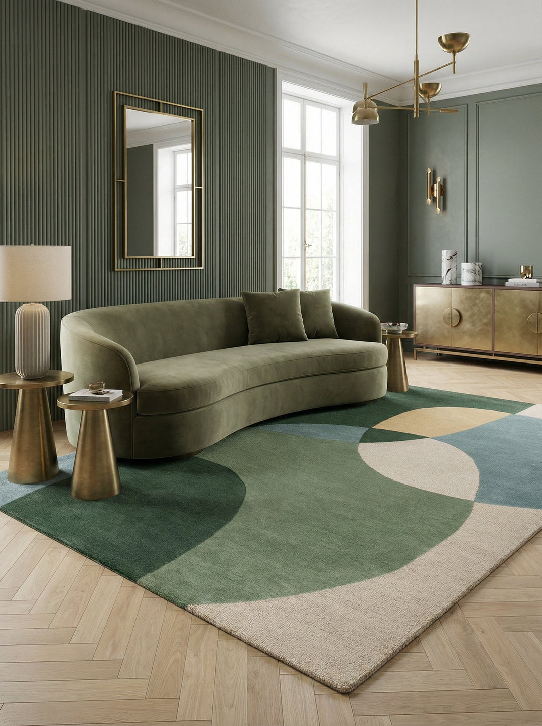 Moderner Designerteppich mit abstrakten Formen in Erdtönen, ein beeindruckendes Statement-Piece für große Wohnbereiche mit Kamin und minimalistischem Interieur.