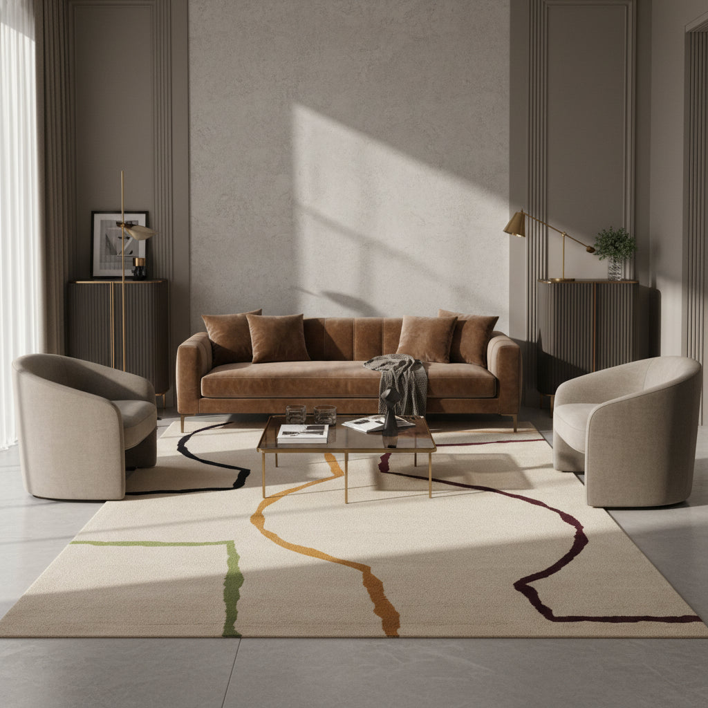 Hochwertiger Wollteppich in Beige mit abstrakten Linien in Braun, Dunkelrot, Blau und Grün. Moderner Design-Teppich für stilvolle Wohnräume mit Kamin und gemütlichem Sofa.