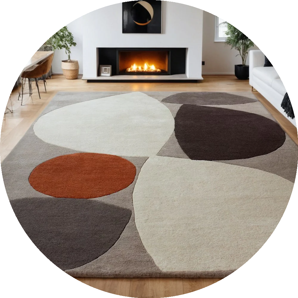 Moderner Designerteppich mit abstrakten Formen in Erdtönen, ein beeindruckendes Statement-Piece für große Wohnbereiche mit Kamin und minimalistischem Interieur.