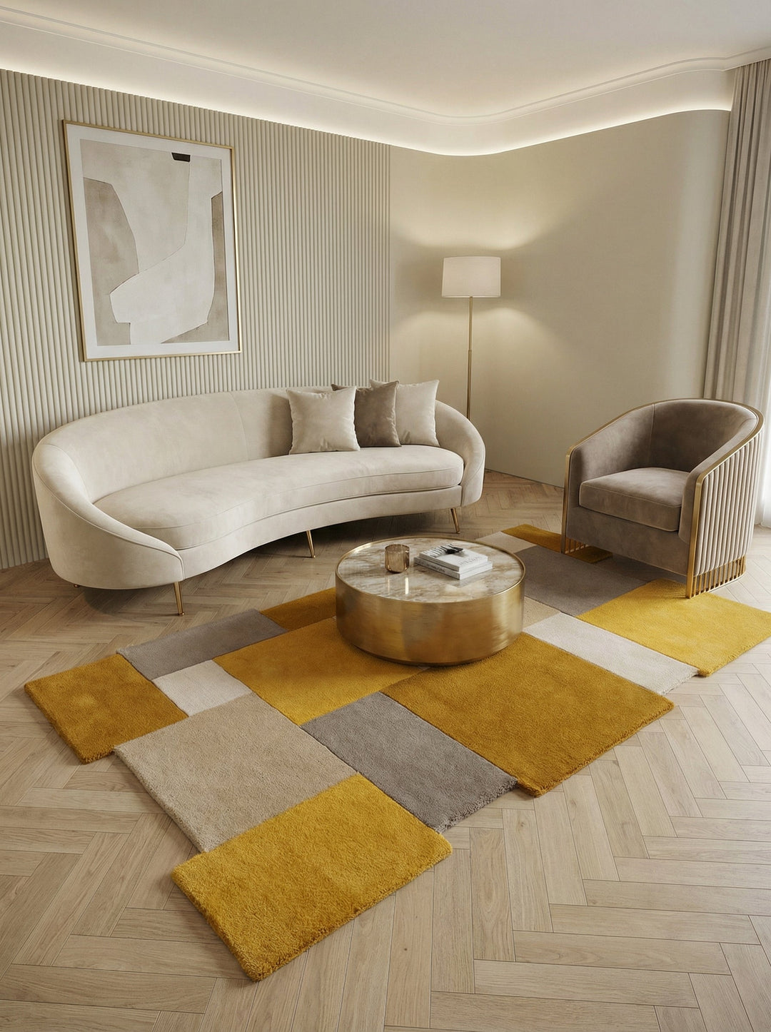 Farbenfroher, geometrischer Teppich mit runden Formen in einem modernen Arbeitsbereich mit blauer Schaukelstuhl und Schreibtisch.