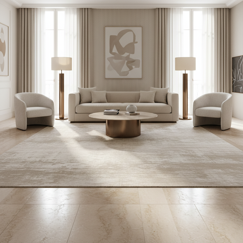 Moderner Kurzflor-Teppich mit wellenförmigem Muster in Beige- und Erdtönen, harmonisch abgestimmt mit einem grünen Sofa und Naturdekorationen im Wohnzimmer.