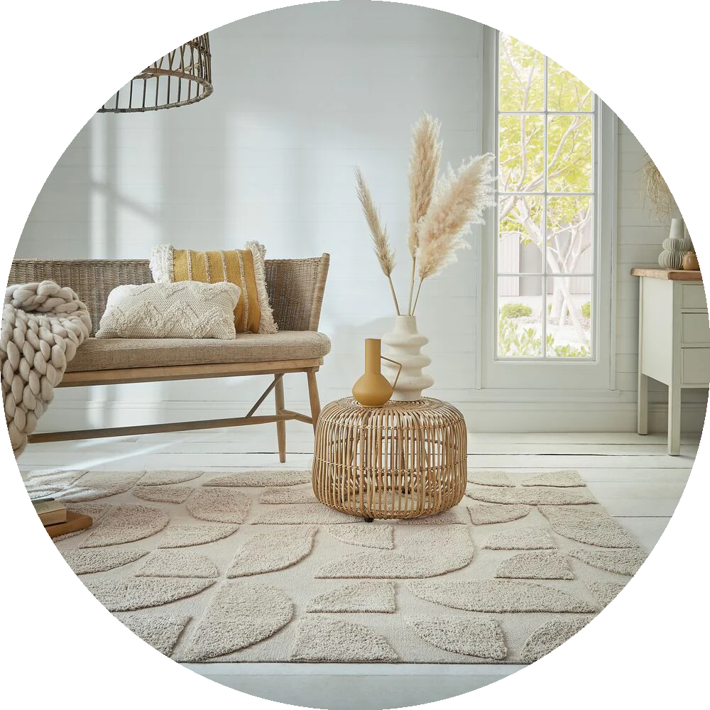 Heller beiger Teppich im skandinavischen Stil – Moderner Wohnzimmerteppich mit geometrischem Muster in Beige, ideal für helle und natürliche Wohnräume.