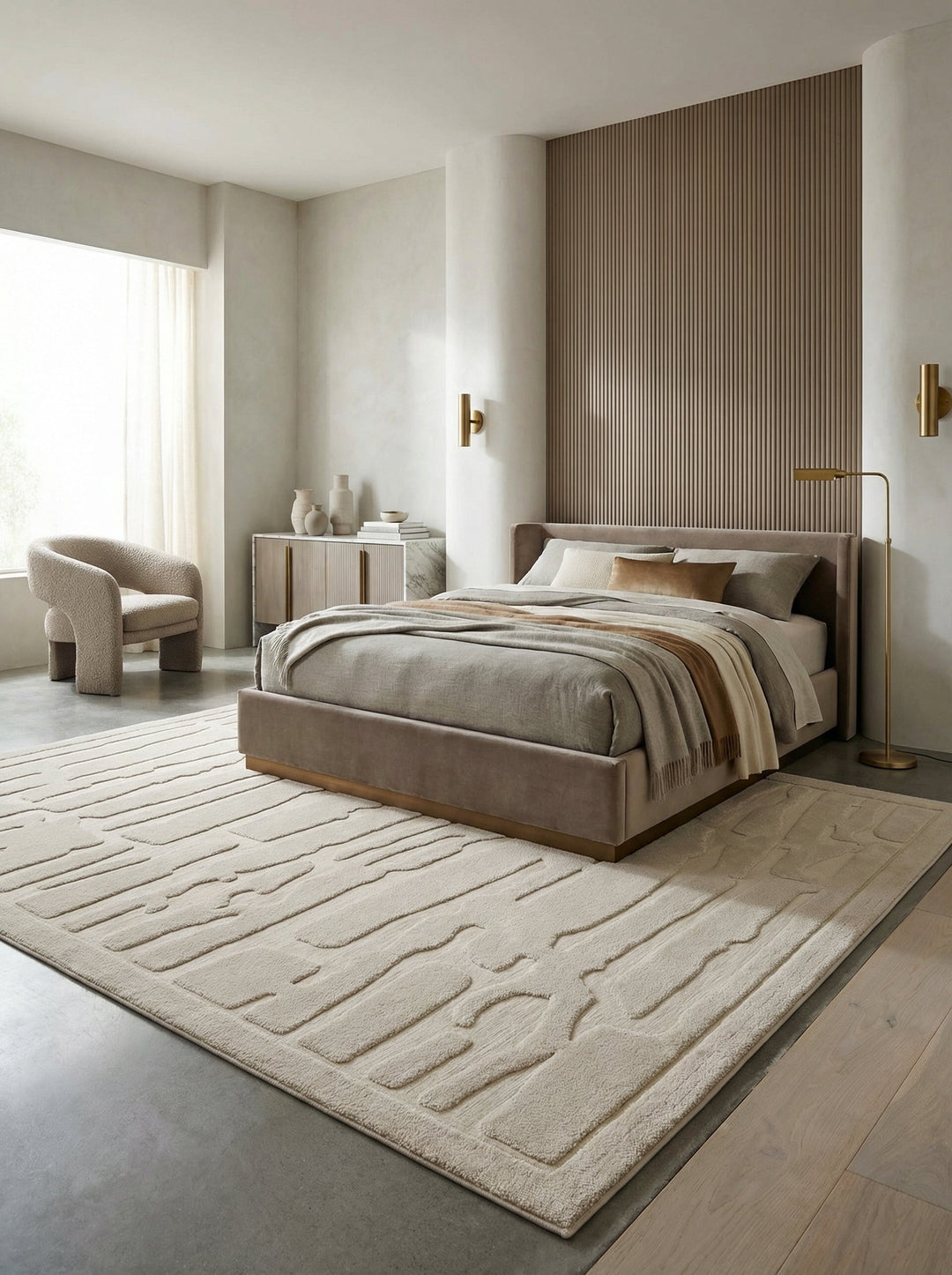 Großer Designer-Teppich mit warmen Farbverläufen in Blau, Orange und Beige, kombiniert mit modernen Holzstühlen und grünen Pflanzen.