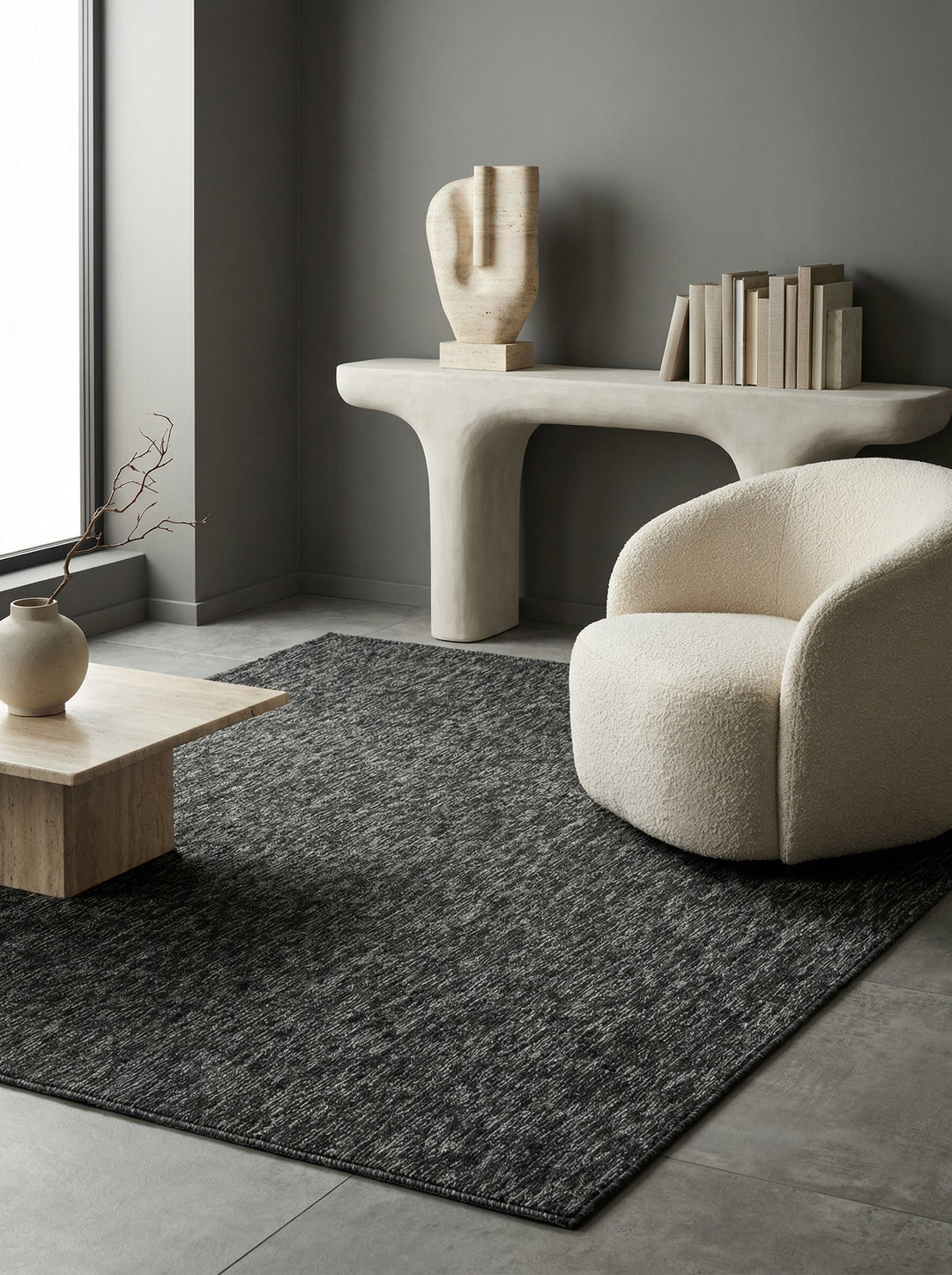 Moderner rechteckiger Teppich mit dreidimensionalem geometrischem Muster in Beige, perfekt für helle Essbereiche im skandinavischen Stil.