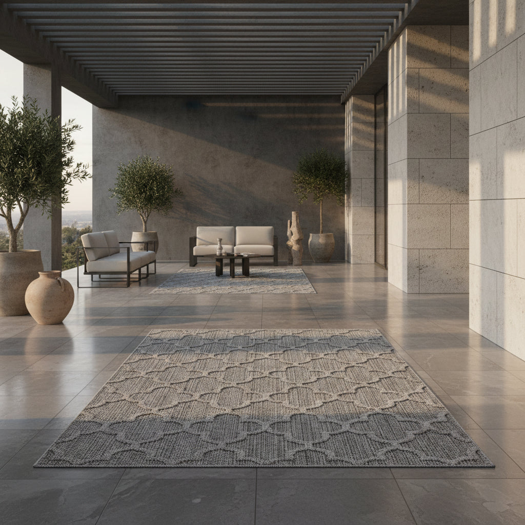 Bunter Teppich mit auffälligem Retro-Muster in lebendigen Farben, passend zu einem olivgrünen Sofa in einem modernen Wohnzimmer.