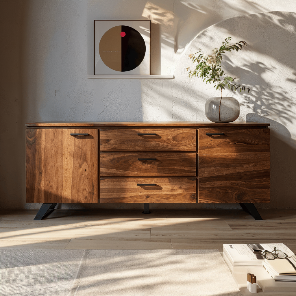 Sideboard aus Massivholz mit schwarzen Metallgriffen und schrägen Füßen – elegantes Aufbewahrungsmöbel von Kadima Design für Wohnzimmer und Esszimmer