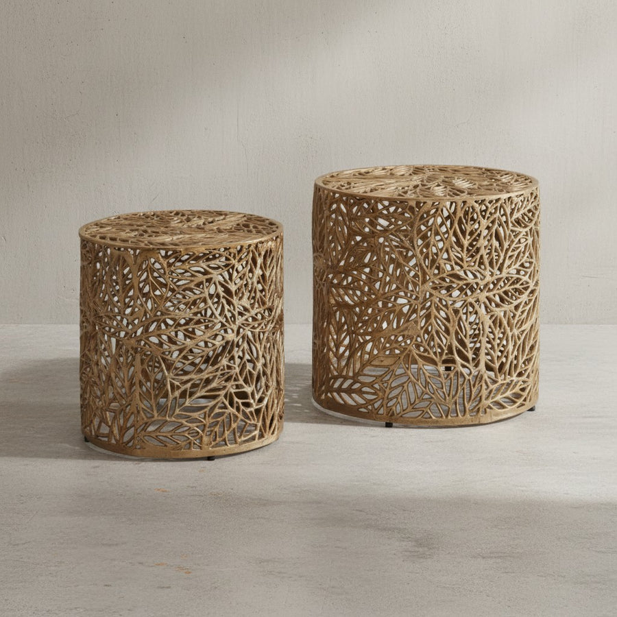 2-teiliges Couchtisch-Set_ Aluminium mit Blumenmuster_ ineinanderstellbar - KADIMA DESIGN_Größe_ 41x41x42 cm_