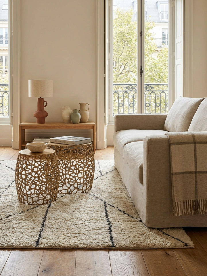 Runder Design Satztisch in Gold aus der Vogelperspektive, zeigt die platzsparende Anordnung und die organische Ast-Struktur des Metallgestells._
