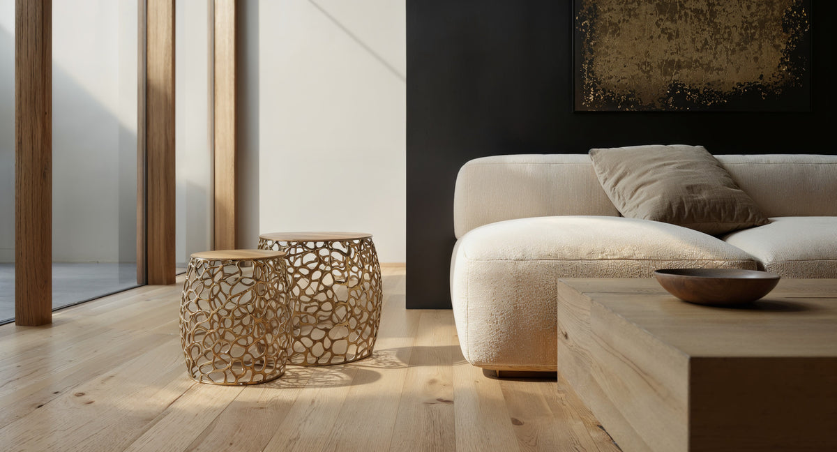 Satztisch Set 2-teilig aus Aluminium in Gold mit organischer Aststruktur Handgefertigt für Wohnzimmer oder Lounge KADIMA DESIGN