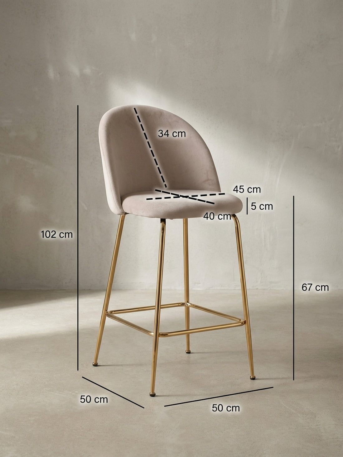 Maßzeichnung Barhocker 2er Set Samt Lehne Goldgestell Skandi-Stil Gepolstert – Beige