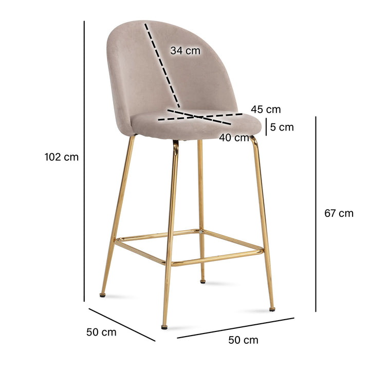 Barhocker 2er Set Samt Lehne Goldgestell Skandi-Stil Gepolstert