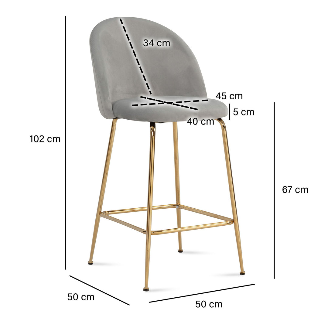 Barhocker 2er Set Samt Lehne Goldgestell Skandi-Stil Gepolstert