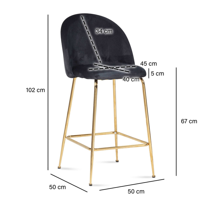 Barhocker 2er Set Samt Lehne Goldgestell Skandi-Stil Gepolstert