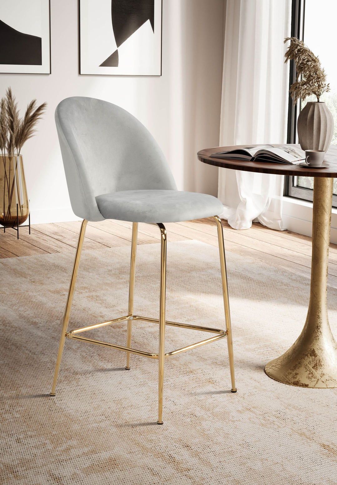 Barhocker 2er Set Samt Lehne Goldgestell Skandi-Stil Gepolstert