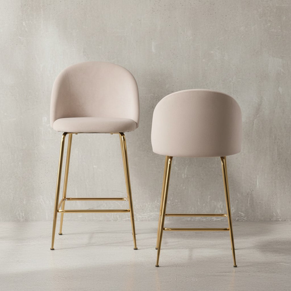 2er Set Barhocker Samt Hocker mit Lehne &amp; goldenen Beinen - Küchenhocker Skandinavisch Stoff / Metall 110 kg - Design Barstuhl Tresenhocker - Bistrohocker Gepolstert_