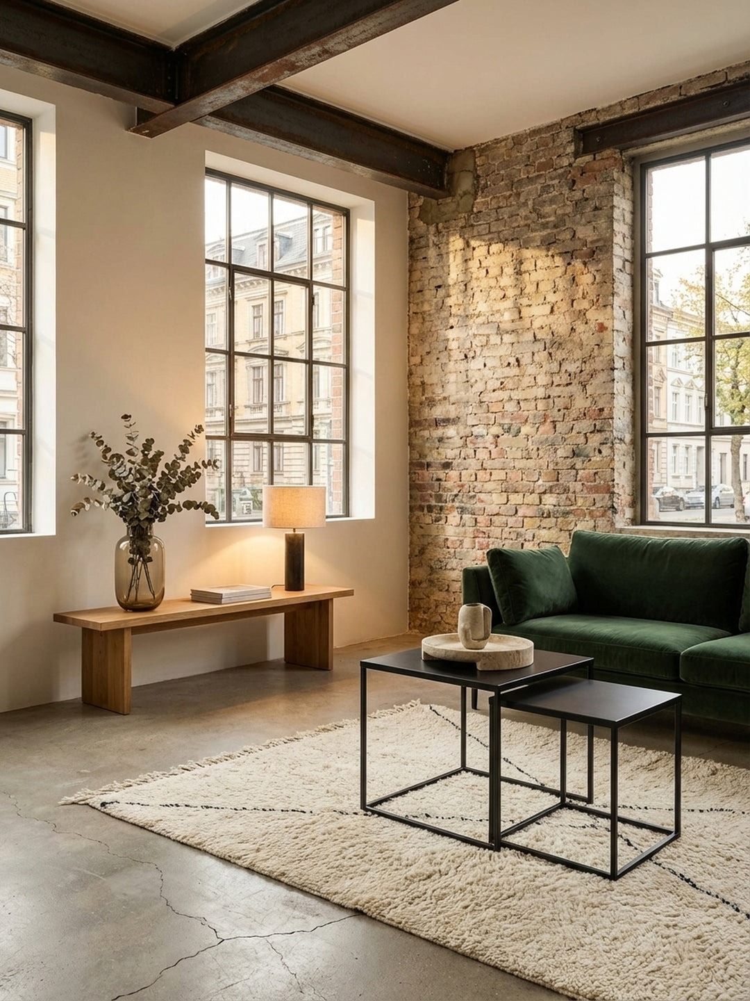 Design Beistelltisch-Set in schwarz von oben betrachtet, zeigt die quadratische Anordnung und platzsparende Funktion des Industrial-Looks._