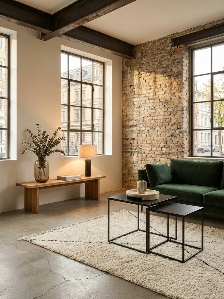 Design Beistelltisch-Set in schwarz von oben betrachtet, zeigt die quadratische Anordnung und platzsparende Funktion des Industrial-Looks._