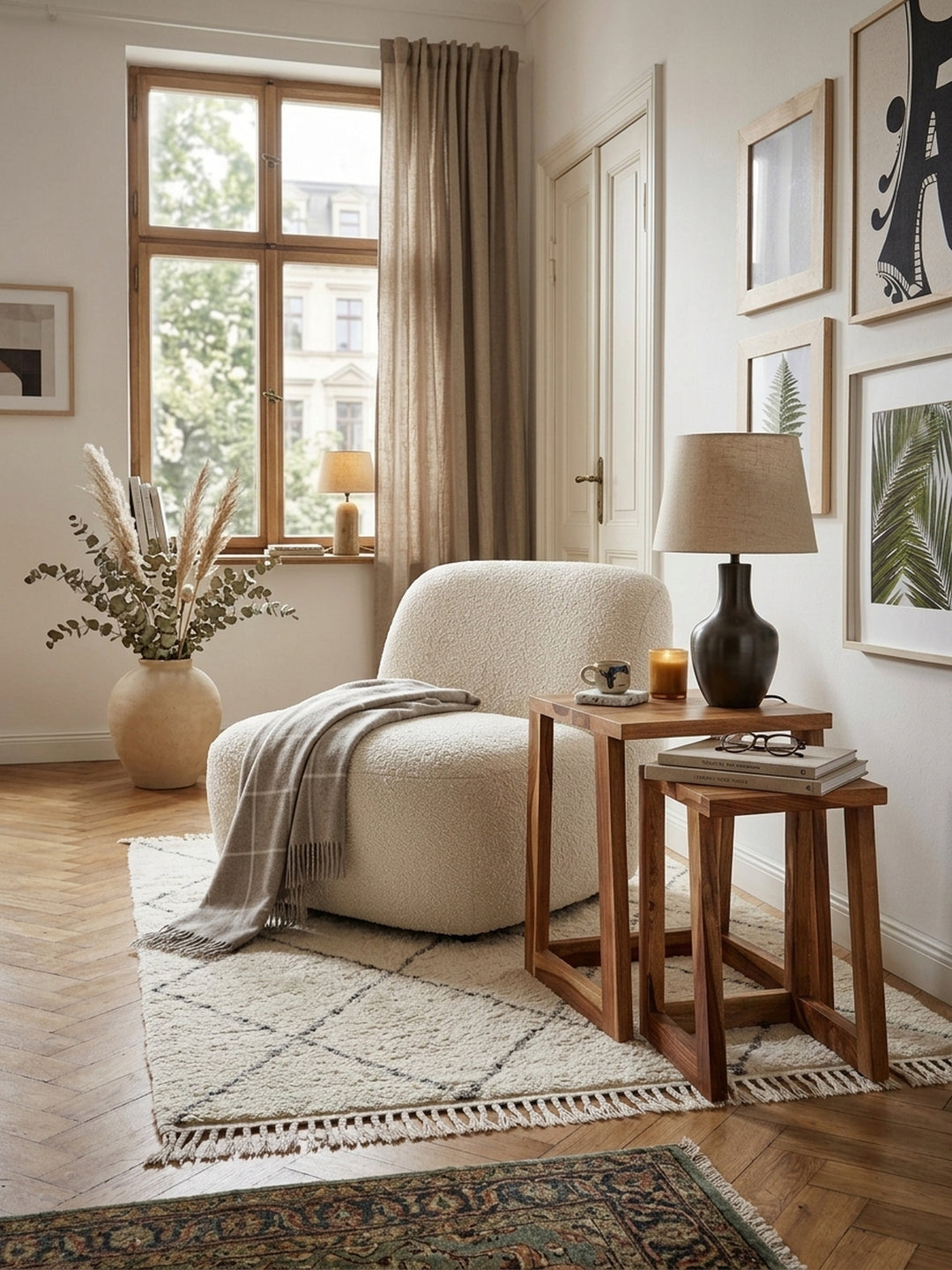 Satztische aus warmem Sheesham-Massivholz mit markanter Maserung in modernem Wohnzimmer / Lese-Ecke mit Teppich und stimmungsvoller Beleuchtung 36x36x50 cm_