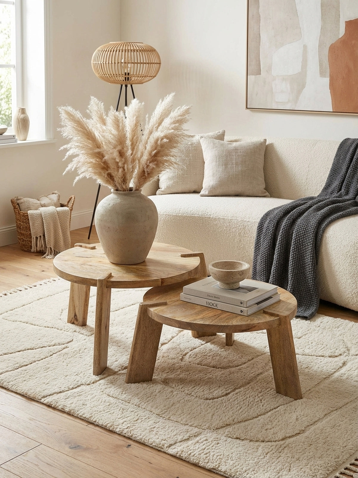 Runder Satztisch aus hellem Holz von oben, zeigt die flexible Anordnung der zwei Tische im Wohnbereich als praktischer Kaffeetisch._