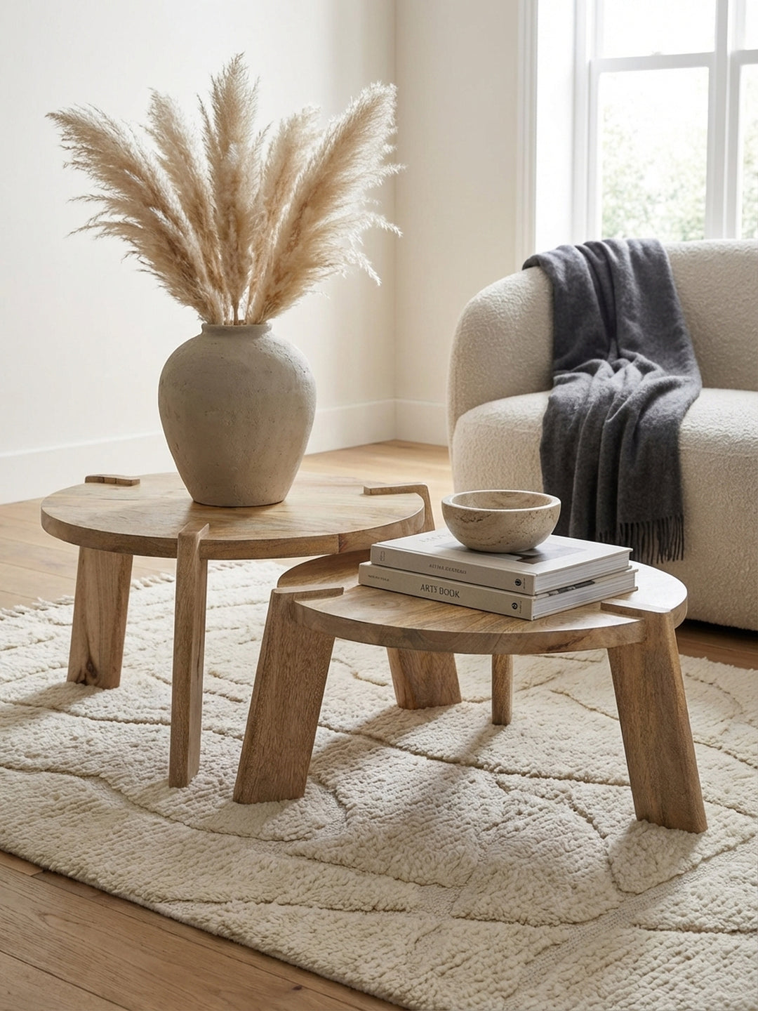 Detailaufnahme der natürlichen Maserung des Mango Massivholzes und der handwerklichen Verbindung des Tischbeins am runden Couchtisch._