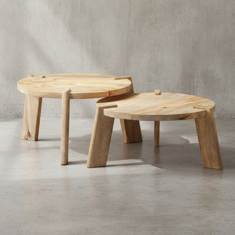 2er Set Couchtische HELEN_ Mango Massivholz_ unterschiedliche Größen_ Messing Zierstreifen_ handgefertigt_ max. 8 kg Belastung - KADIMA DESIGN_Farbe_ Beige_ Größe_ 53x53x32 cm_