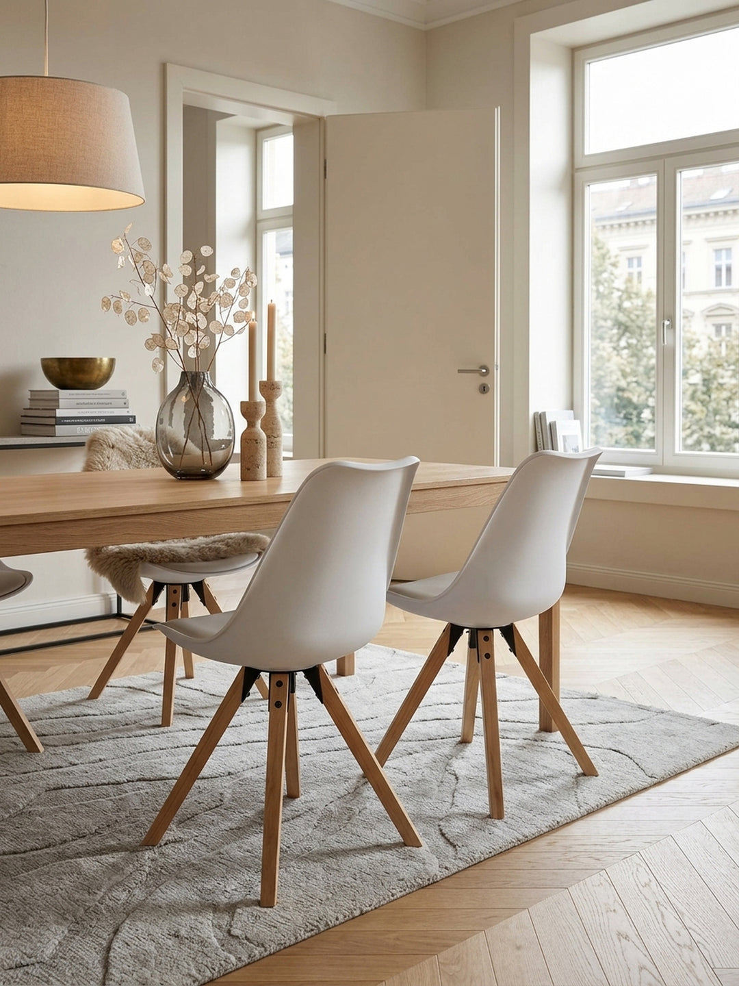 Esszimmerstuhl Samt weiß 49x52x87 cm in stilvoller Esszimmer-Einrichtung mit Dekoration und Accessoires aus der Vogelperspektive mit Polsterung_