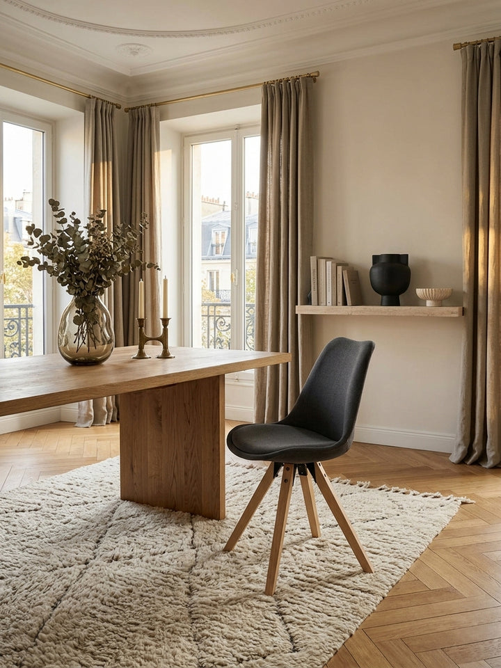 Esszimmerstuhl Eiche Massivholz anthrazit 49x52x87 cm in stilvoller Esszimmer-Einrichtung mit Dekoration und Accessoires aus der Vogelperspektive mit Polsterung_