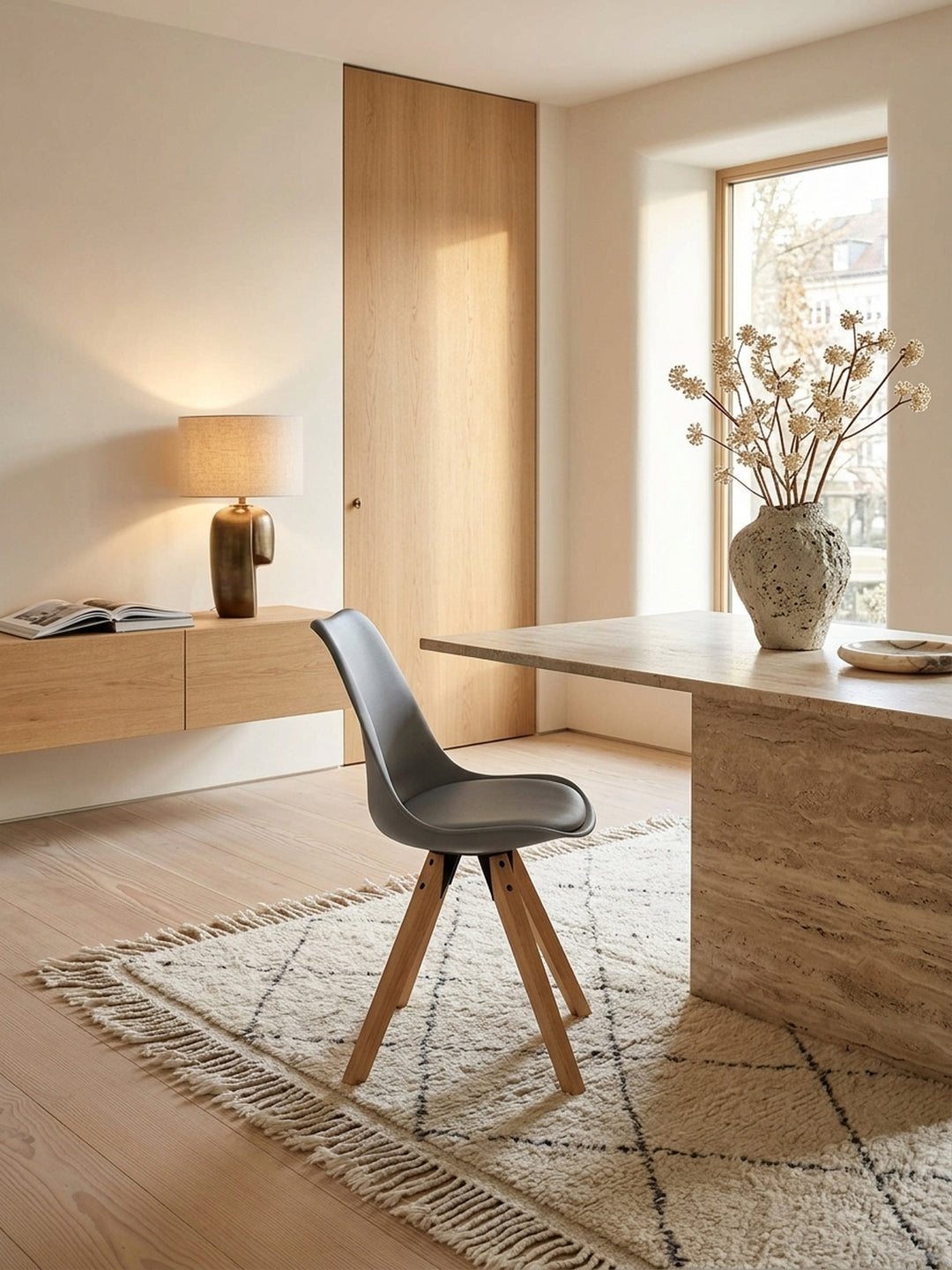 Esszimmerstuhl Kunstleder schwarz 49x52x87 cm in stilvoller Esszimmer-Einrichtung mit Dekoration und Accessoires aus der Vogelperspektive_
