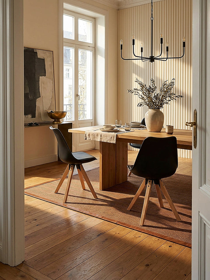 Zwei schwarze Esszimmerstühle aus Kunstleder im skandinavischen Design an einem runden Holztisch im lichtdurchfluteten Raum_