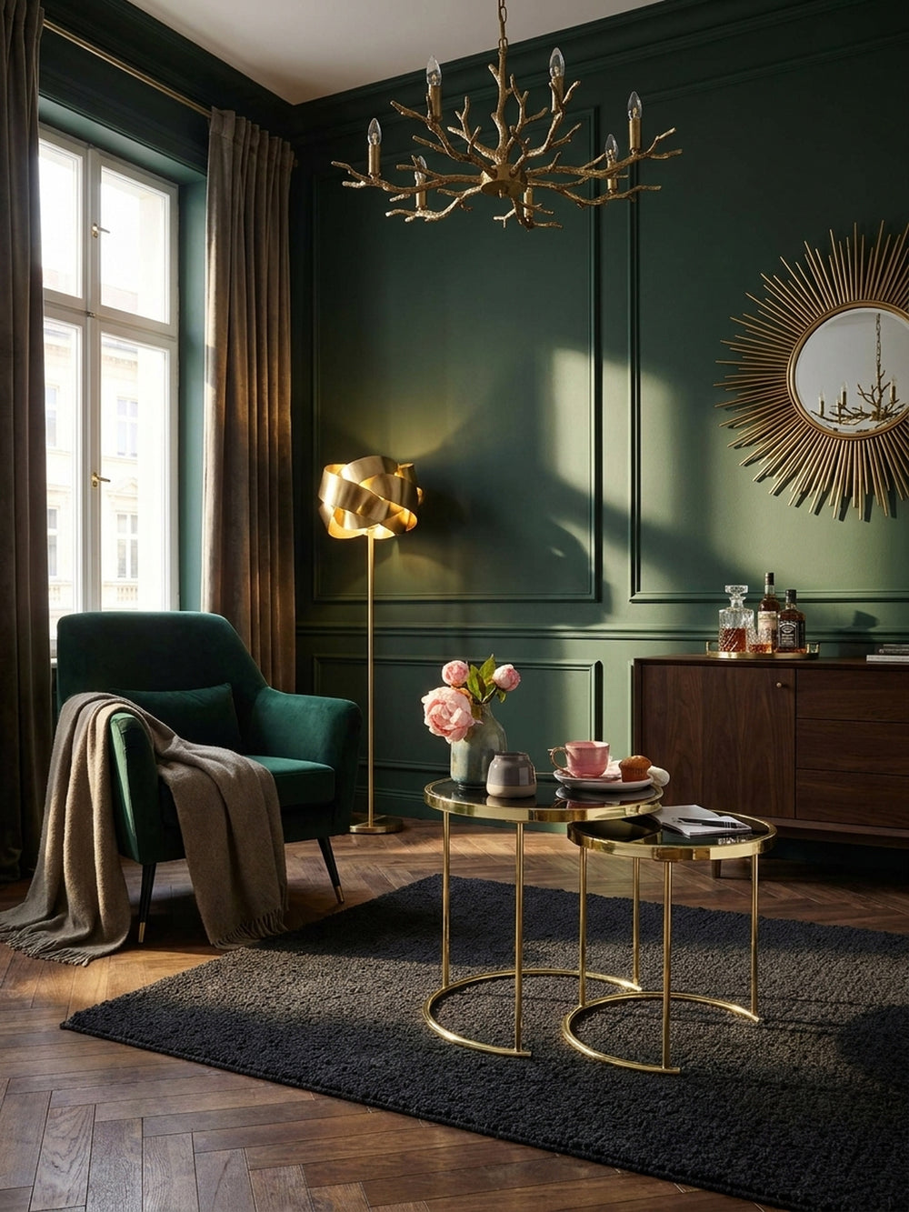 Eleganter Satztisch aus goldfarbenem Metall mit schwarzen Spiegelglasplatten im luxuriösen Wohnzimmer vor einer dunkelgrünen Akzentwand_