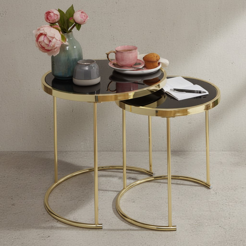 2er-Set Satztische mit Hochglanz Metallgestell und schwarzem Glas_ 50/42 cm - Stilvolles Design mit sicherem Stand - KADIMA DESIGN_Größe_ 50x50x50 cm_