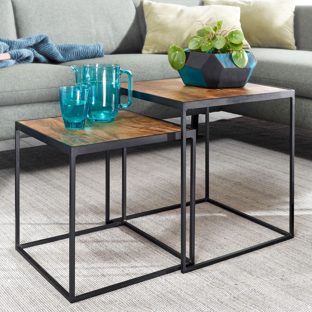 Mango Industrial_ Beistelltische 2er Set_ Massivholz_ Metall_ Unikate - KADIMA DESIGN_Größe_ 40x40x44 cm_