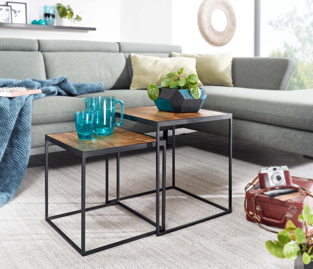 Mango Industrial_ Beistelltische 2er Set_ Massivholz_ Metall_ Unikate - KADIMA DESIGN_Größe_ 40x40x44 cm_