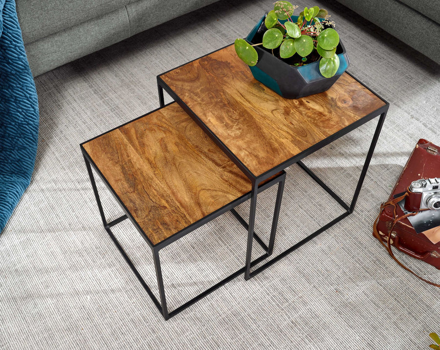 Mango Industrial_ Beistelltische 2er Set_ Massivholz_ Metall_ Unikate - KADIMA DESIGN_Größe_ 40x40x44 cm_