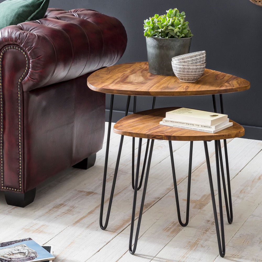 2er Set Beistelltisch Sheesham Holz und Metall_ Industrial-Design_ Vielseitig - KADIMA DESIGN_Größe_ 60x60x56 cm_