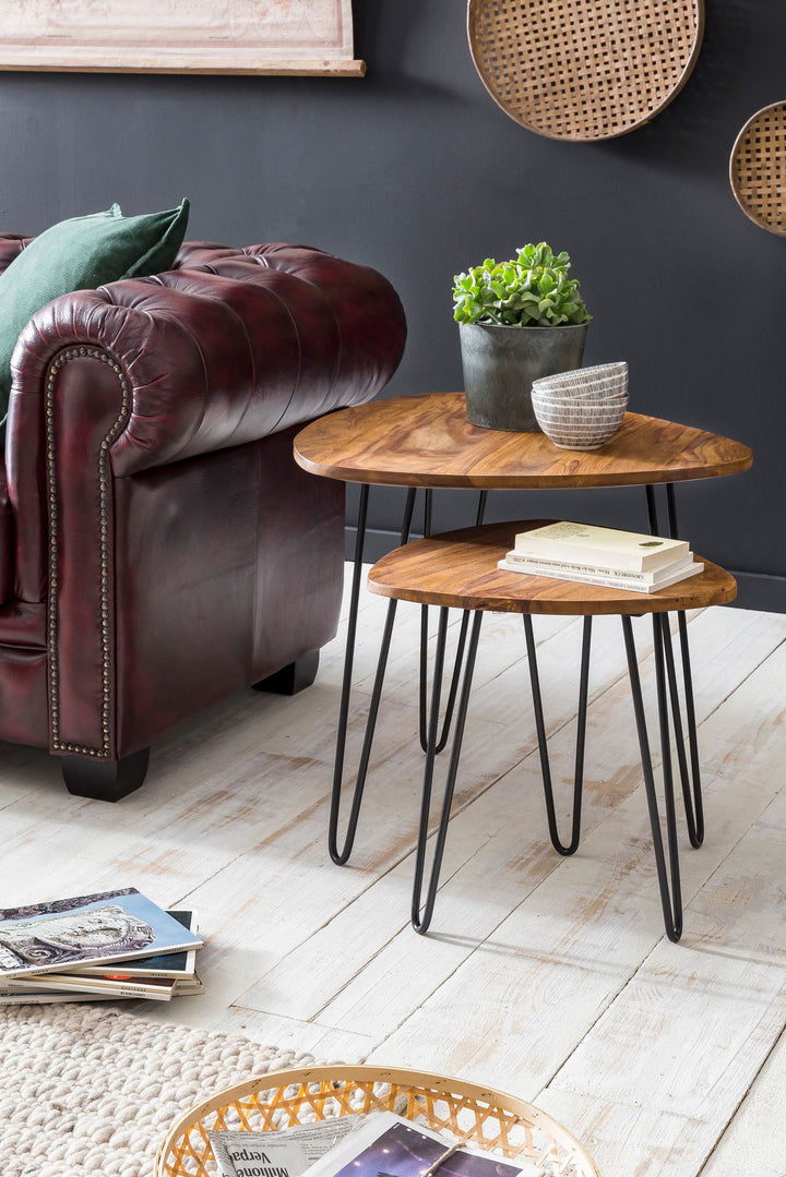 2er Set Beistelltisch Sheesham Holz und Metall_ Industrial-Design_ Vielseitig - KADIMA DESIGN_Größe_ 60x60x56 cm_