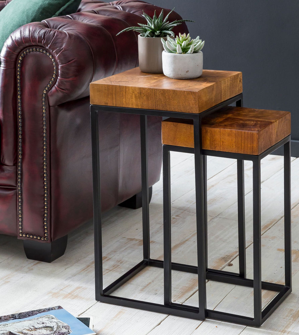 Industrial Beistelltisch Set_ Sheesham Holz und Metall_ 2 Größen_ Handgefertigt - KADIMA DESIGN_Größe_ 30x30x60 cm_