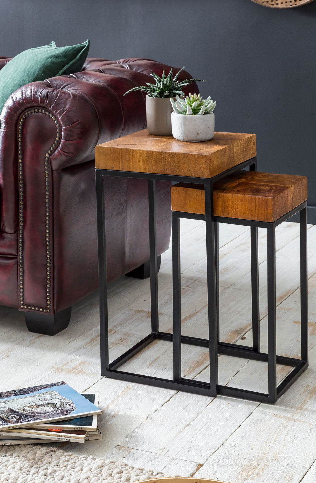 Industrial Beistelltisch Set_ Sheesham Holz und Metall_ 2 Größen_ Handgefertigt - KADIMA DESIGN_Größe_ 30x30x60 cm_