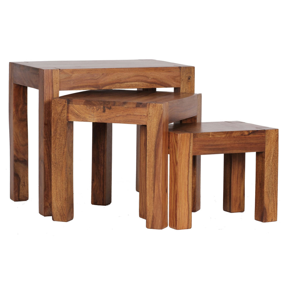 Holz Satztisch Set &quot;NAKO&quot;_ 3-teilig_ Landhaus-Stil_ Massivholz_ platzsparend_ 45x50x36 cm_ 37x38x30 cm_ 30x25x25 cm - KADIMA DESIGN_Farbe_ Braun_ Größe_ 50x36x45 cm_