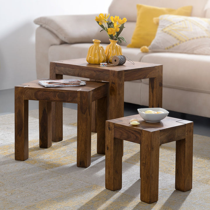 Holz Satztisch Set &amp;quot;NAKO&amp;quot;_ 3-teilig_ Landhaus-Stil_ Massivholz_ platzsparend_ 45x50x36 cm_ 37x38x30 cm_ 30x25x25 cm - KADIMA DESIGN_Farbe_ Braun_ Größe_ 50x36x45 cm_