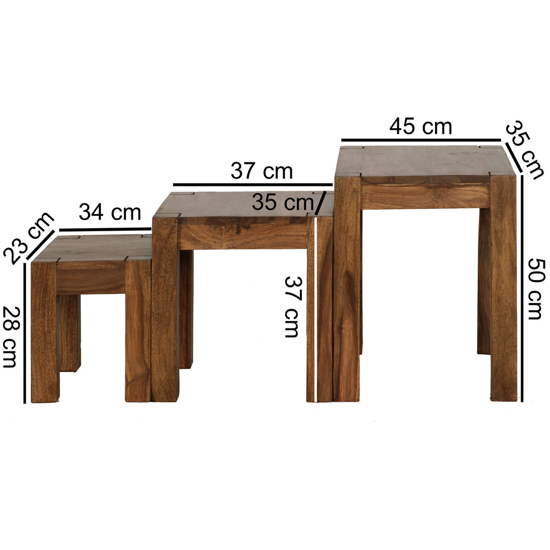 Holz Satztisch Set &quot;NAKO&quot;_ 3-teilig_ Landhaus-Stil_ Massivholz_ platzsparend_ 45x50x36 cm_ 37x38x30 cm_ 30x25x25 cm - KADIMA DESIGN_Farbe_ Braun_ Größe_ 50x36x45 cm_