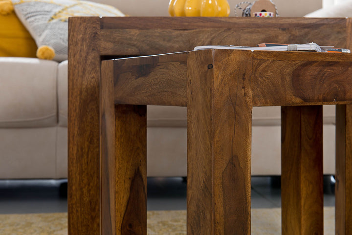 Holz Satztisch Set &amp;quot;NAKO&amp;quot;_ 3-teilig_ Landhaus-Stil_ Massivholz_ platzsparend_ 45x50x36 cm_ 37x38x30 cm_ 30x25x25 cm - KADIMA DESIGN_Farbe_ Braun_ Größe_ 50x36x45 cm_