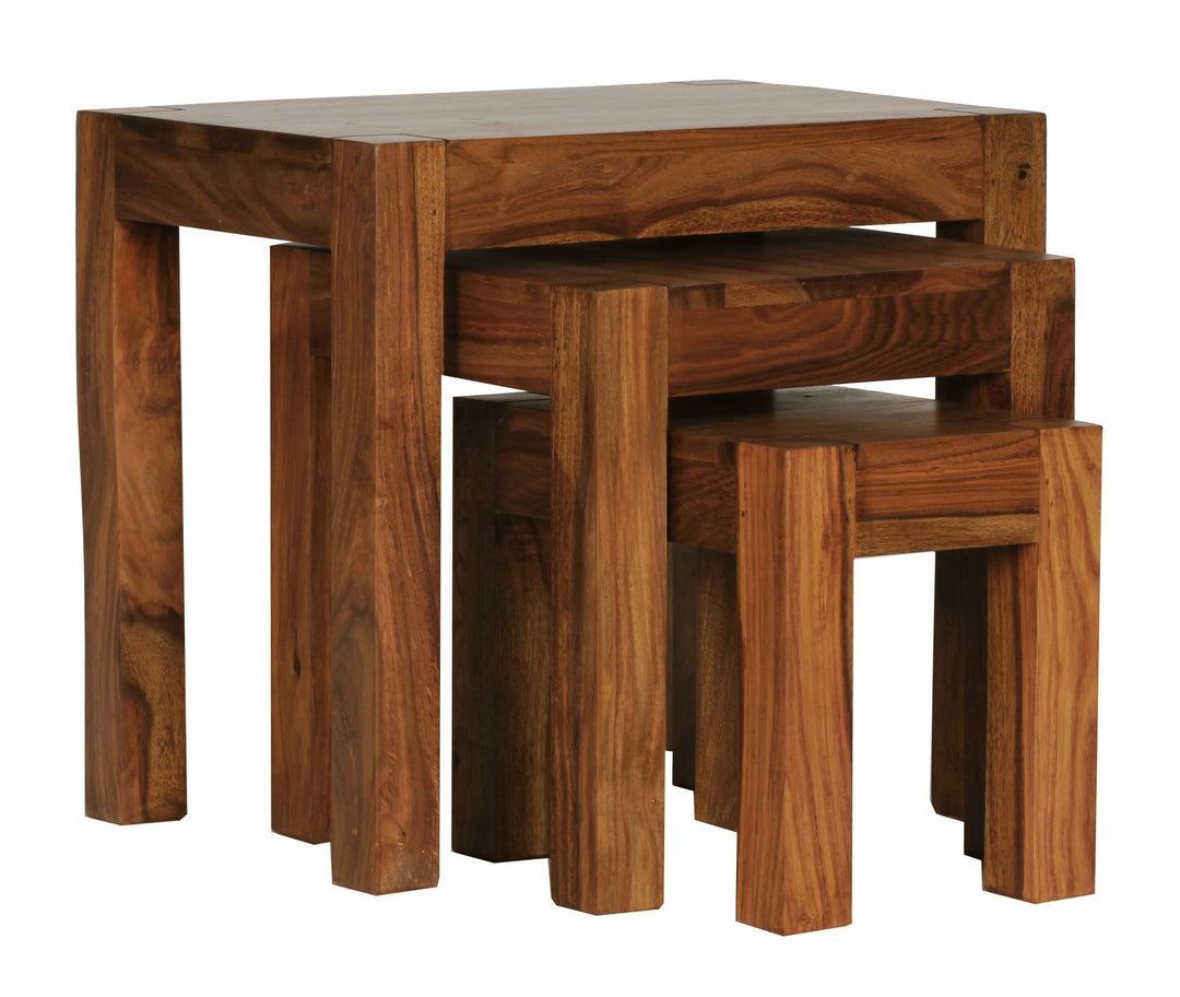 Holz Satztisch Set &quot;NAKO&quot;_ 3-teilig_ Landhaus-Stil_ Massivholz_ platzsparend_ 45x50x36 cm_ 37x38x30 cm_ 30x25x25 cm - KADIMA DESIGN_Farbe_ Braun_ Größe_ 50x36x45 cm_