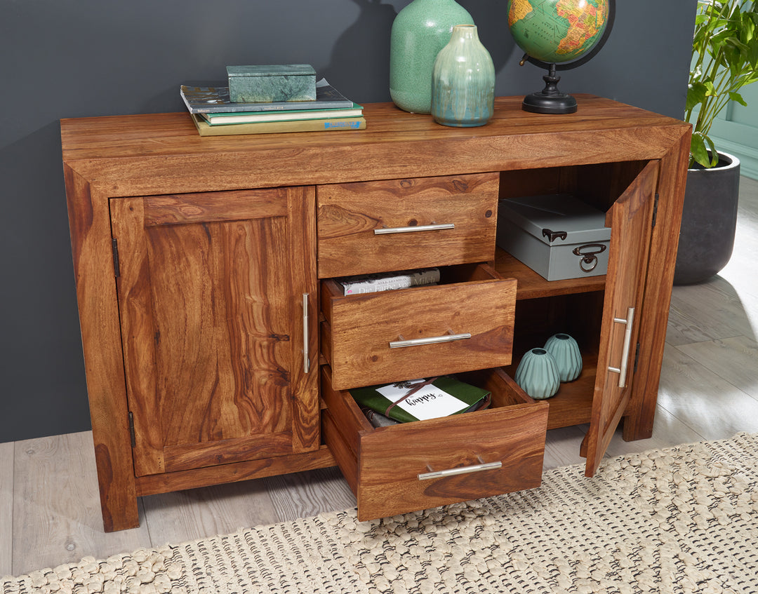 Elegantes Sideboard Sheesham_ 3 Schubladen_ 2 Türen_ Landhaus-Stil - KADIMA DESIGN_Größe_ 118x40x70 cm_