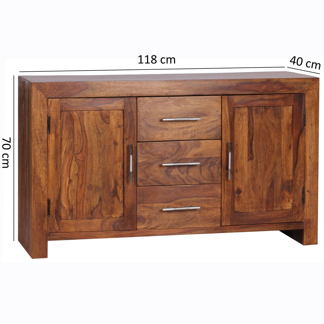 Elegantes Sideboard Sheesham_ 3 Schubladen_ 2 Türen_ Landhaus-Stil - KADIMA DESIGN_Größe_ 118x40x70 cm_