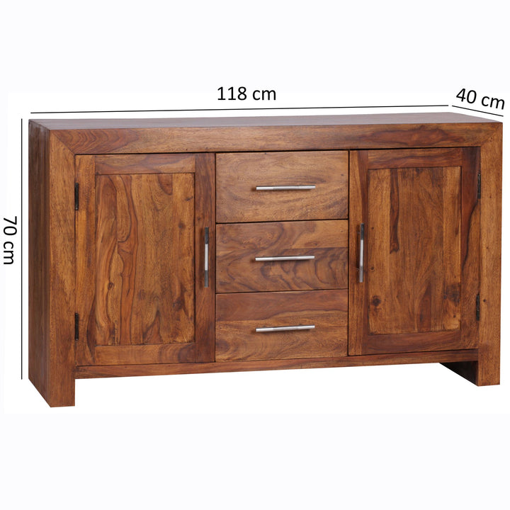 Elegantes Sideboard Sheesham_ 3 Schubladen_ 2 Türen_ Landhaus-Stil - KADIMA DESIGN_Größe_ 118x40x70 cm_
