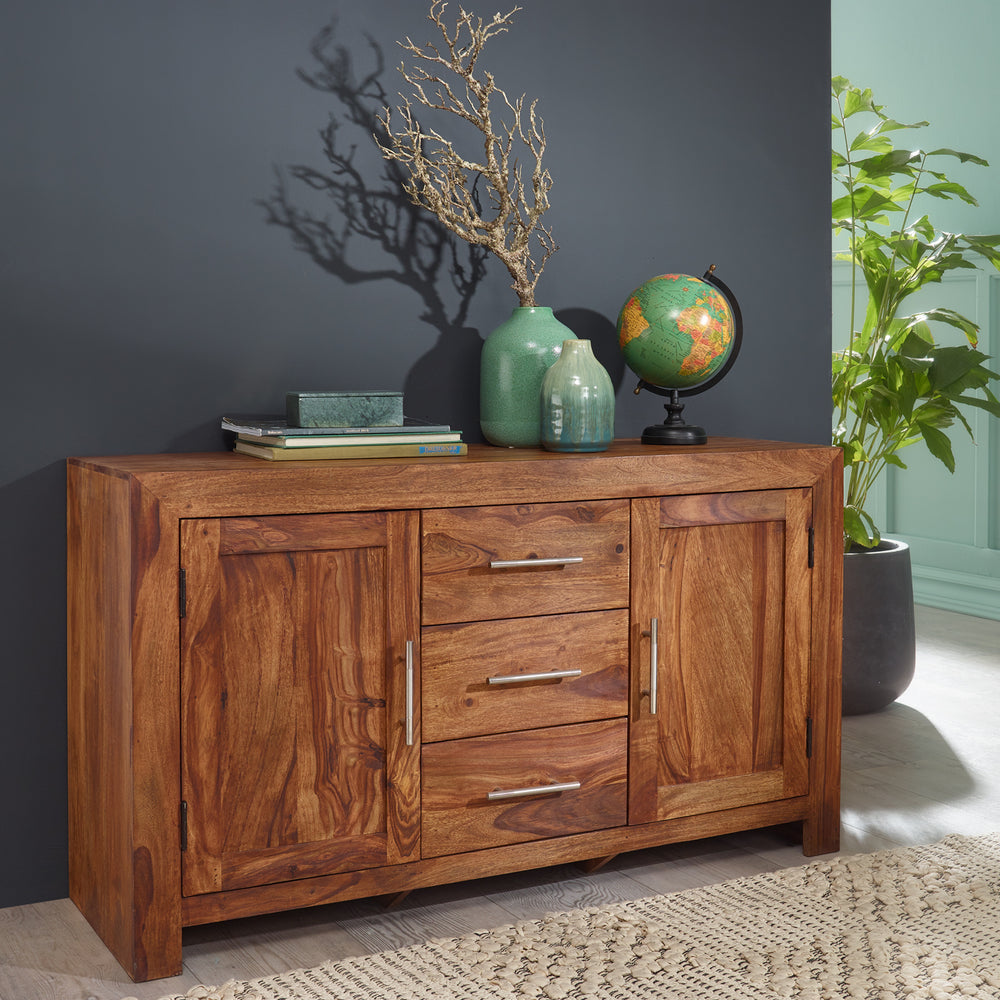 Elegantes Sideboard Sheesham_ 3 Schubladen_ 2 Türen_ Landhaus-Stil - KADIMA DESIGN_Größe_ 118x40x70 cm_