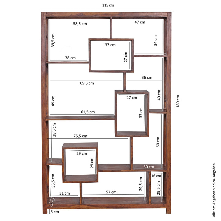 Bücherregal aus Sheesham-Holz_ 115x180 cm_ Landhaus-Stil_ Ablagefächer - KADIMA DESIGN_Größe_ 115x40x180 cm_